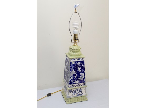 Large Blue & White Mosaic Lamp With Elephant Finnial