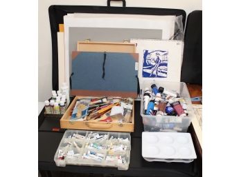 Assortment Of Art Supplies Lot 1 Including Portfolios, Paper, Brushes, Acrylic Paints, Palettes