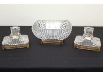 Glass Candle Holders & Bowl With Brass Trim