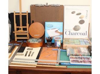 Assortment Of Art Supplies Lot 2 Including Portable Easel, Drafting Tools, Paper, Markers, Pencils & Sharpener