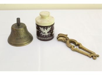 Brass Bell, Eagle Nutcracker & U.S. Bicentennial Container