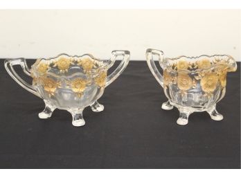 Glass Sugar & Creamer With Gold Painted Trim