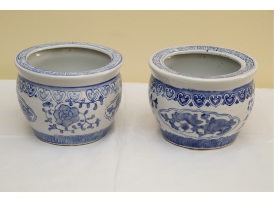 Pair Of Petite Asian Blue And White Planters