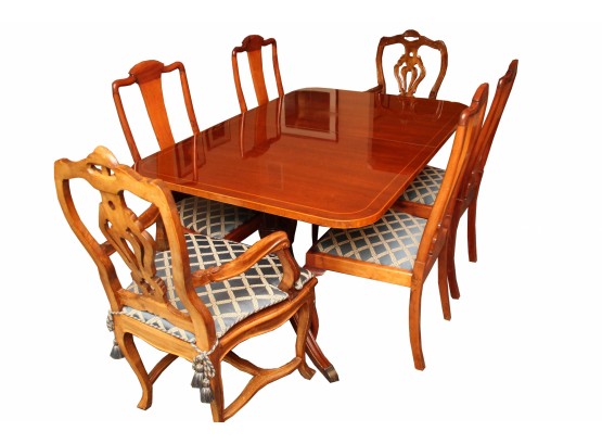 Banded Mahogany Dining Table With 6 Chairs, Leaves And Pads
