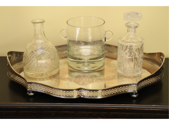 Antique Silver Plate Bar Tray With Krosno Ice Bucket And Crystal Decanters