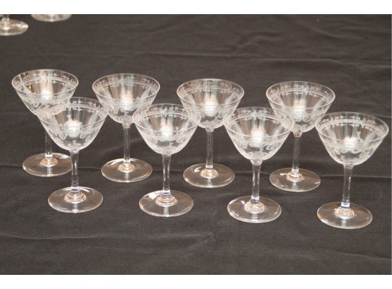Eight Vintage Etched Aperitif Glasses (#21)