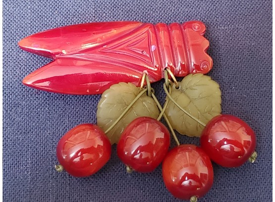 Bakelite Red Cherry Brooch Jewelry Lot 23