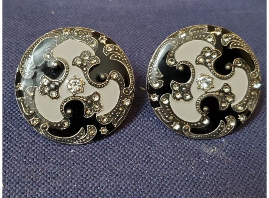 Black And White Enamel And Silver Round Earrings Jewelry Lot 20
