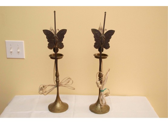 Antique Pair Of Brass Butterfly Table Lamps