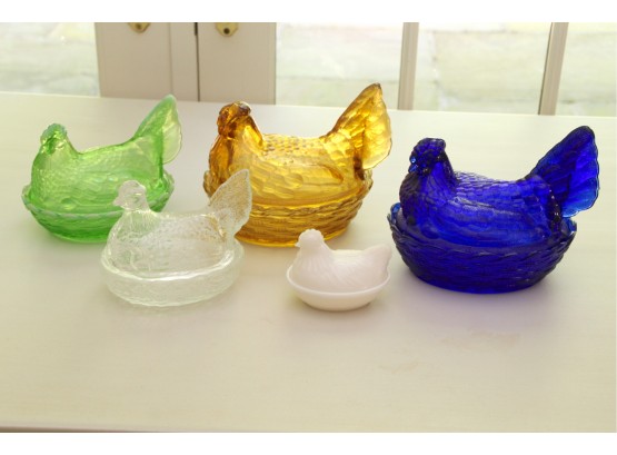 Collection Of Vintage Pressed Glass Rooster Covered Dishes