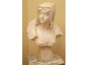 Antique Hand Carved Alabaster Bust Of Small Girl
