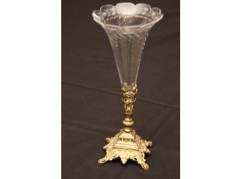 Brass Flower Stand With Etched Glass Holder 11.5' Tall