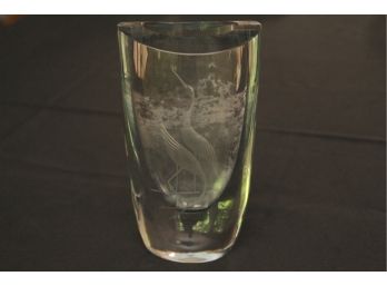 Etched Crane Crystal Vase Signed