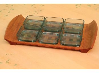 Teak Serving Tray With Blue Glass Inserts