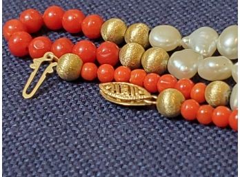 14k Gold, Coral And Pearl Necklace Jewelry  Lot 40