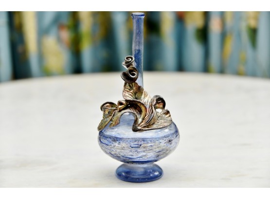 Blue Blown Art Glass Vase With Silver Inlay Accent Bud Vase