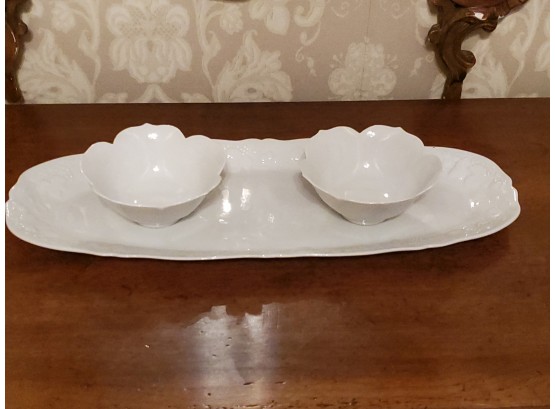 Philippe Deshoulieres Limoges 22' Wide Ceramic Serving Platter With Pair Of Leaf Bowls