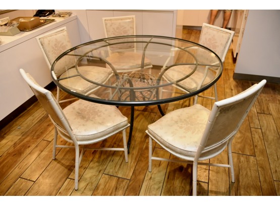Round Glass Table With 5 Vinyl Bamboo Chairs
