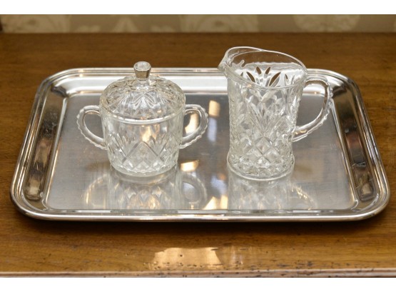 Pressed Glass Crystal Creamer And Sugar With Silver Serving Platter