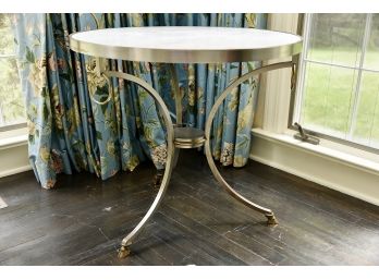 1970s Mid-Century Modern Brass Chrome Marble-Top Gueridon Hoof Feet Large Rings Accents Table  28 X 25