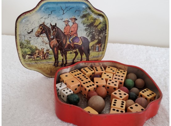 Grandpas Metal Box With Wooden Marbles And Dice