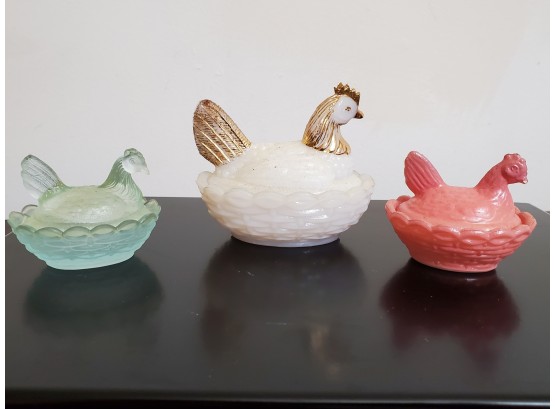 Mini Pressed Glass Covered Rooster Dishes