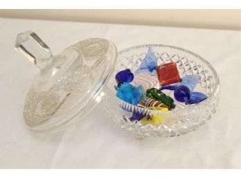Crystal Lidded Candy Dish With Murano Glass Candies