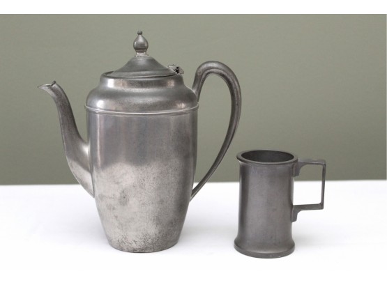 Cresent Pewter Teapot And Cup