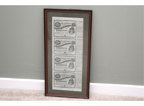 1870's State Of Louisiana Sheet Of Five Dollar 'Baby Bonds' Framed 8' X 16'