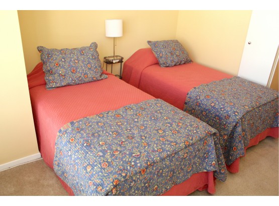 Pair Of Twin Beds Including Table, Lamp, Bedding , Frames, Mattresses And Pillows