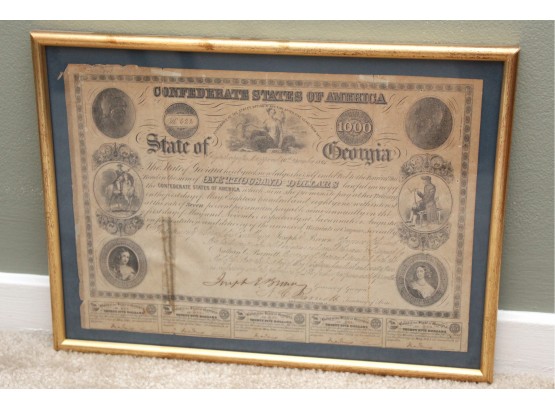 Confederate States Of America Georgia $1000 Bond Joseph E. Brown Signed Framed 14.5' X 10.5'