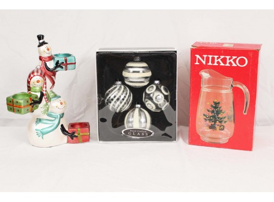 Snowman Candleholder, Glass Ornaments, Nikko Christmas Pitcher
