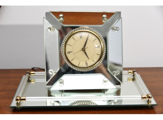 Vintage Glass Mirror Clock With Mirror Dresser Tray