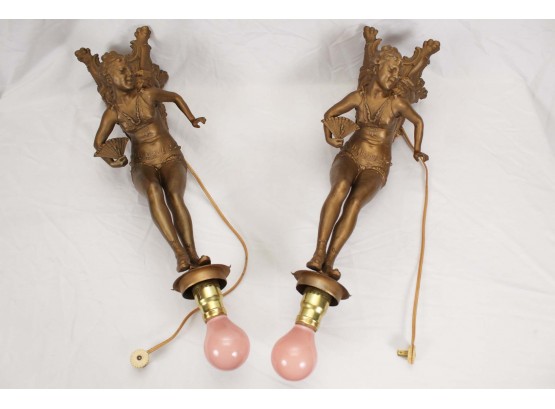 Vintage Art Deco Style Burlesque Dancer Cast Metal Table Lamps 24' Tall