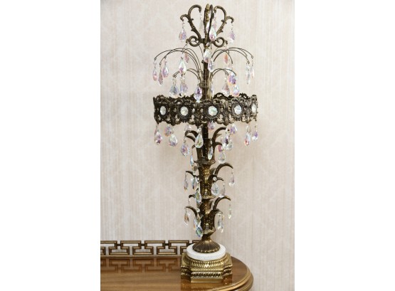 Spectacular Rococo Drop Crystal Marble Base Brass Table Lamp