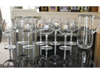 Eight Custom Painted Brandy Glasses With Matching Pitcher