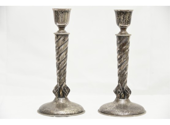 Pair Of Antique Hand Wrought Sterling Silver Twist Stem Candlesticks  549 Grams