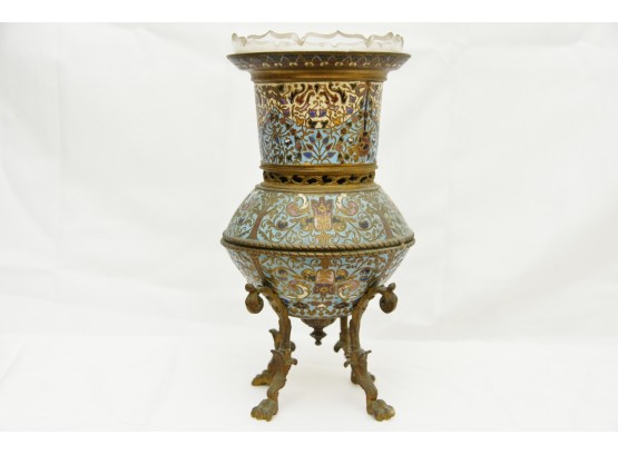 Antique Cloisonné Blue Field Design Vase With Original Glass Insert And Brass Legs