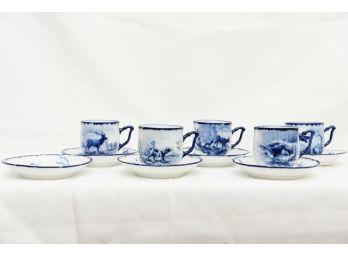 Set Of Blue Flow Cups And Saucers