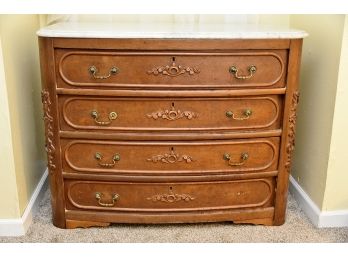 Victorian Bow Front Four Drawer Marble Top Chest Of Drawers With Floral Carving Detail  41 X 21 X 32