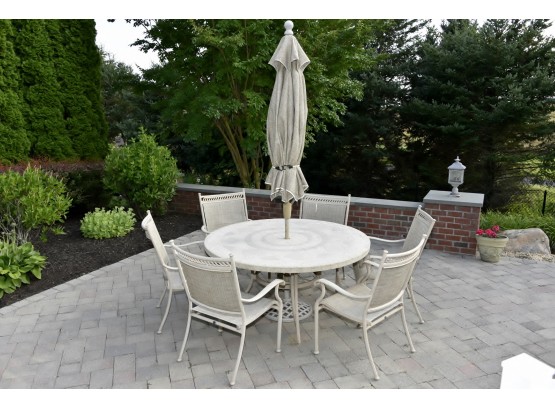 Gorgeous Agio Stone Top Outdoor Patio Table & Chairs With Umbrella