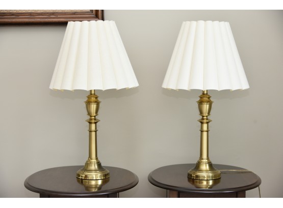 Matching Pair Of Brass Table Lamps With White Linen Shades 30' Tall