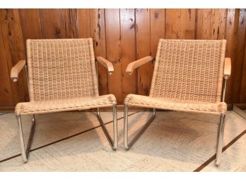 Pair Of Marcel Breuer Chrome And Rattan Wood Arm Lounge Chair