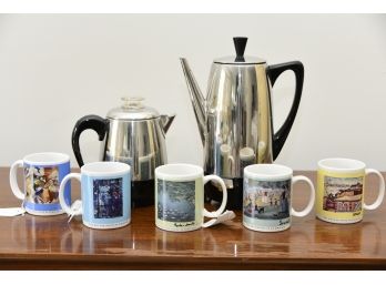Pair Of Vintage Percolators And Special Edition Coffee Mugs