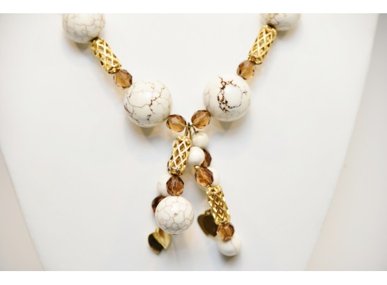 Gold Toned Faux Marble Beaded Drop Necklace - S119