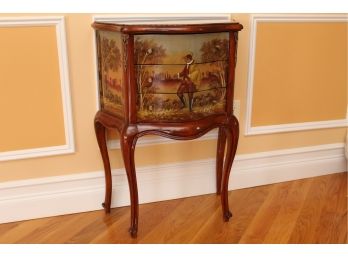 Gorgeous Louis XV Style Banded Flame Mahogany Hand Painted Mural Night Table 22 X 12 X 31
