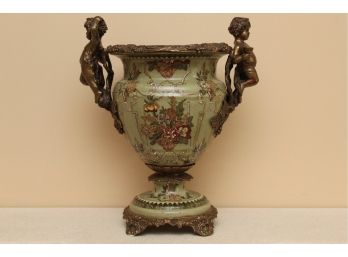 Large Green Crackle Footed Vase With Brass Cherub Handles 12' Tall