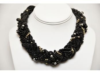 Thick Black Beaded Multistrand Necklace - S124