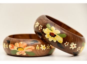 Floral Painted Wooden Bangle Bracelets - S102