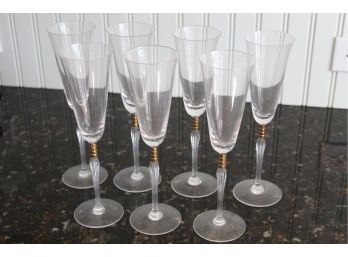 Set Of 7 Champagne Flutes With Gold Colored Stem